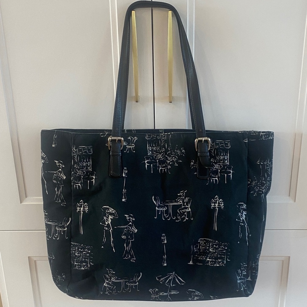 TALBOTS Fabric Black Tote Bag white & black Paris themed pattern leather straps